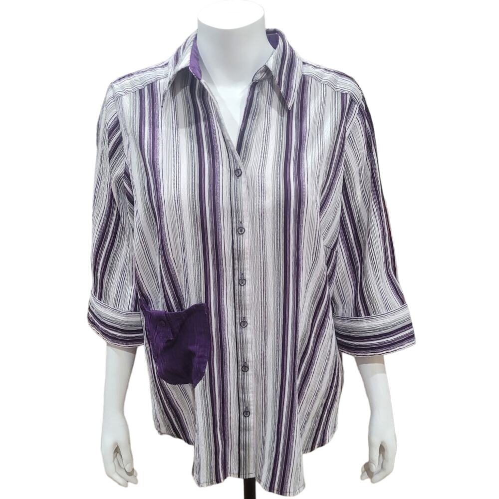 Canda Purple Striped Crinkle Shirt Oversized Button Down Patch Pocket Resortwear
